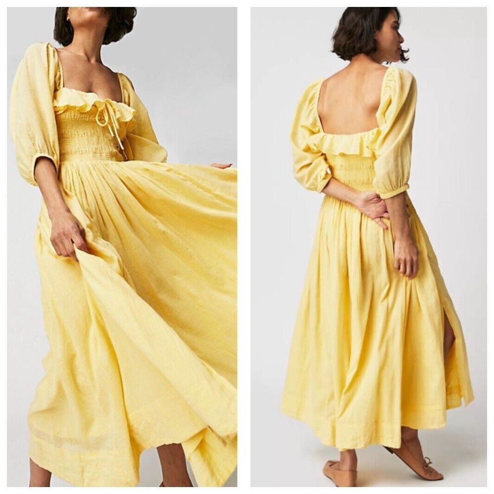 FREE PEOPLE Oasis Smocked Midi Dress Pineapple Yellow Boho Women’s Size XS New
